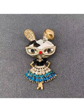 Elegant Bunny Brooch with Rhinestones and Blue Skirt